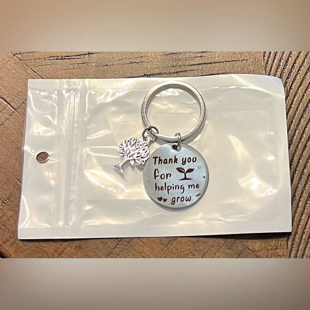Silver Keychain with Tree Charm and teacher appreciation saying.